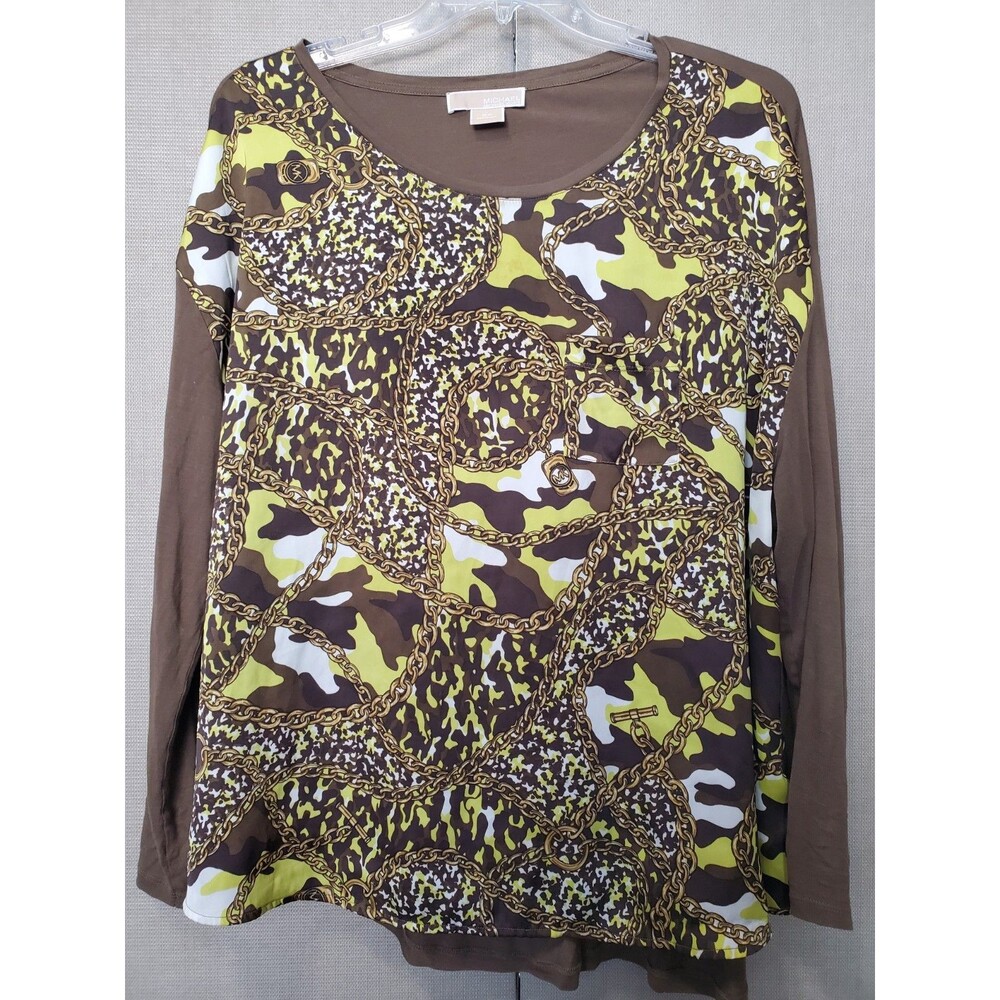 Michael Kors Mixed Media Camo Animal Chain Print Long Sleeve Blouse Size 2X